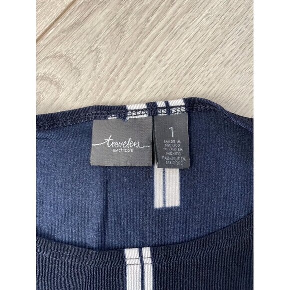 Chico's Travelers Midi Dress Women's Size 1 Navy Blue White Geometric Print - Picture 4 of 9